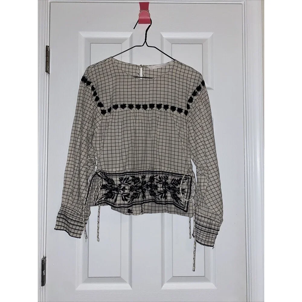 Zara Trafaluc Blouse Grid White Black Embroidered Side Tie Top Size Medium Fall